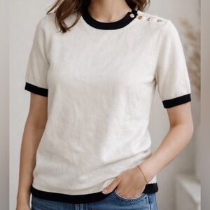 Ann Taylor 100% Cotton Knit Black and White Top with Gold Button Accent Size XS
